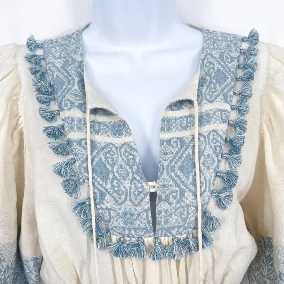 Zimmermann Helm Split Neck Jacquard Fringe Tassel Linen Lace Mini Dress - Picture 9 of 12